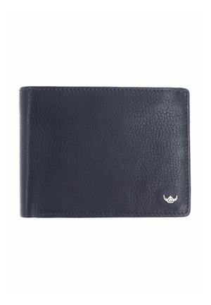 Schwarzes, strukturiertes Lederportemonnaie mit kleinem silbernem Logo in der unteren rechten Ecke, geschlossen vor weißem Hintergrund dargestellt.