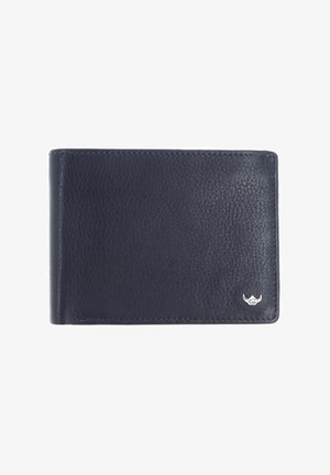 Portefeuille en cuir noir texturé avec un petit logo argenté dans le coin inférieur droit, présenté fermé sur un fond blanc.