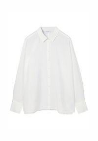 Chemise blanche boutonnée avec un col pointu. Réalisée dans un tissu léger, elle présente un motif à fines rayures verticales et des manches longues avec poignets.