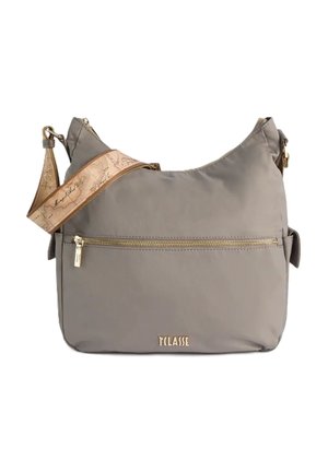 Borsa a spalla color taupe con tasca frontale con cerniera, cerniera dorata e logo, e tracolla regolabile color marrone chiaro con dettagli a design di mappa.