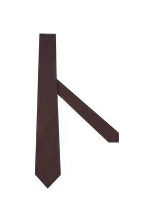 Cravatta marrone con un tessuto testurizzato che presenta piccoli punti a motivo. Design stretto con punta appuntita; superficie liscia e forma classica.