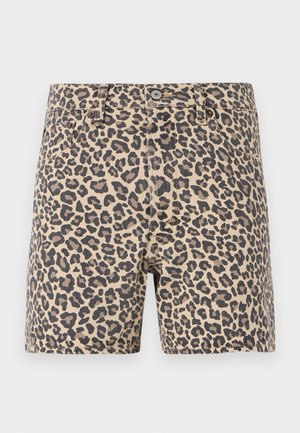 Șorturi din denim cu imprimeu de leopard în nuanțe de bej și negru. Design clasic cu cinci buzunare, închidere cu nasture și bucle pentru curea. Textură netedă.