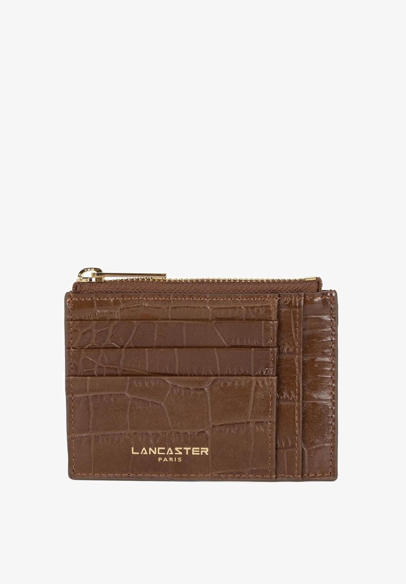 Brown crocodile-embossed leather cardholder with zippered pocket, multiple card slots, and gold-tone logo embossed on the front.