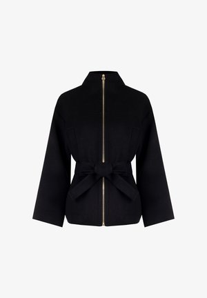 Schwarze Wollmischung Jacke mit hohem Kragen, goldenem Reißverschluss und einem vorderen Bindegürtel. Verfügt über weite Ärmel und ein minimalistisches Design.