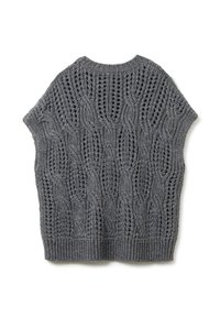 Grijze gebreide mouwloze sweatervest met kabel- en gaatjesstiksels, geribbelde halslijn en zoom.
