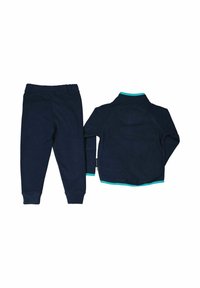 Mörkblå barnträningsset bestående av en långärmad jacka med turkosa kantdetaljer och matchande byxor; mjukt material och elastisk midja.