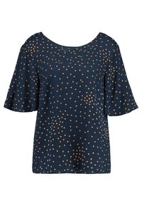 Marineblaues Oberteil aus weichem Stoff, mit lockerer Passform, weiten Ärmeln und einem Design aus verstreuten beigen Punkten.