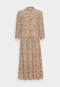 Braun-weißes, abstraktes Midikleid mit 3/4-Ärmeln, Rundhals-Ausschnitt, elastischem Bund und leicht gerafftem Rock.
