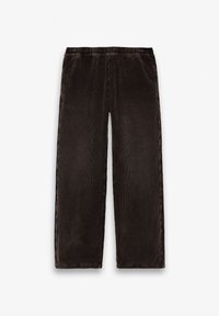 Σκούρο καφέ παντελόνια από κορντορού με ελαστική μέση και ίσια πόδια, απλωμένα επίπεδα σε λευκό φόντο.