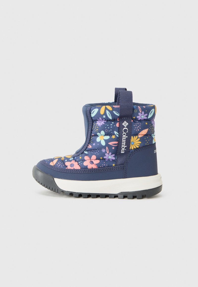 Bunte Kleinkinderstiefel in Marineblau, mit floralen Mustern in Pink, Gelb und Blau. Dicke Sohlen sorgen für Traktion. Ideal für den Winter.