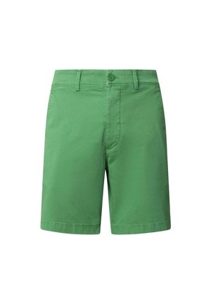 Green cotton shorts with a flat front, button closure, and belt loops; features smooth texture and tailored fit. Shorts sit above the knee.