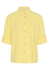 Dzeltena īsroku krekls ar pogām, uzlocītām aprocēm, krūšu kabatu un klasisku apkakli, izgatavots no viegla auduma, piemērots ikdienas valkāšanai.