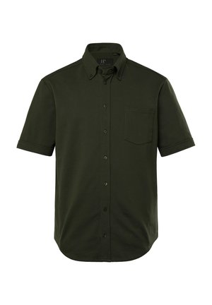 Kurzarmhemd aus dunkelgrünem Stoff. Verfügt über einen klassischen Kragen, eine einzelne Brusttasche und eine glatte, weiche Textur.