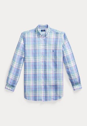 Košeľa s dlhým rukávom na gombíky s modrým, bielym, zeleným a fialovým károvaným vzorom a malým tmavomodrým vyšívaným logom na hrudníku.