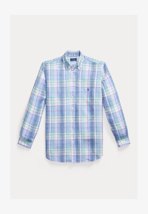 Košeľa s dlhým rukávom na gombíky s modrým, bielym, zeleným a fialovým károvaným vzorom a malým tmavomodrým vyšívaným logom na hrudníku.