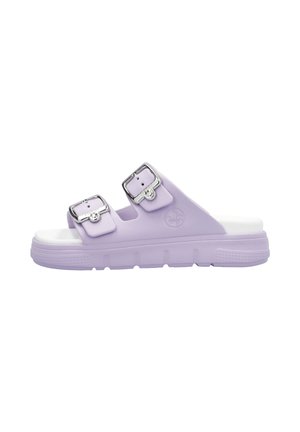 Purple rubber sandals with two adjustable silver buckle straps, white footbed, and textured sole featuring grooves for traction.