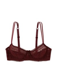 Soutien-gorge en dentelle bordeaux avec armatures, bretelles doubles réglables et motifs géométriques en dentelle complexes.