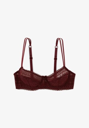 Soutien-gorge en dentelle bordeaux avec armatures, bretelles doubles réglables et motifs géométriques en dentelle complexes.