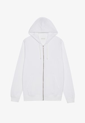 Balts kapuce zipa džemperis, izgatavots no kokvilnas maisījuma auduma. Iekļauj priekšējās kabatas, kapuces stringus un ribotas aproces un apakšmalu. Gluda tekstūra.