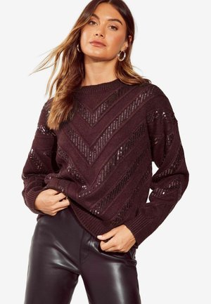 Dunkelbrauner Pullover mit einem Zickzackmuster und Paillettenakzenten, geripptem Halsausschnitt und lässiger Passform. Kombiniert mit schwarzen Kunstlederhosen.
