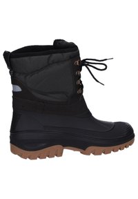 Black waterproof boot with a textured rubber sole, padded fabric upper, and lace-up front, featuring a brown accent and warm lining.