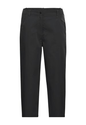 Zwarte rechte broek met steekzakken aan de voorkant, riemlussen en een knoopsluiting in de tailleband.