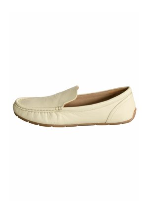 Kremowe skórzane loafersy na płaskiej podeszwie o miękkiej fakturze, zaokrąglonym nosku, kontrastowym przyszyciu i elastycznej gumowej podeszwie.