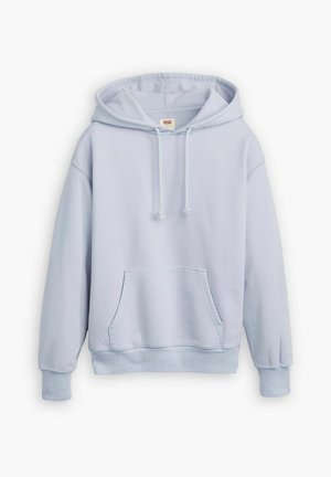 Jasnoniebieska bluza z kapturem wykonana z miękkiego materiału, z przednią kieszenią, sznurkami ściągającymi oraz ribb dołem i mankietami. Gładka tekstura, luźny krój.