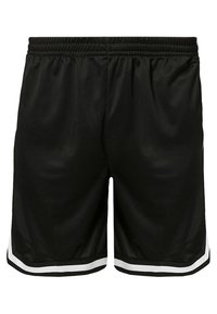 Shorts de sport noirs en tissu maillé respirant. Dotés d'une ceinture élastique et d'une bordure blanche à l'ourlet. Conçus pour le confort et le mouvement.
