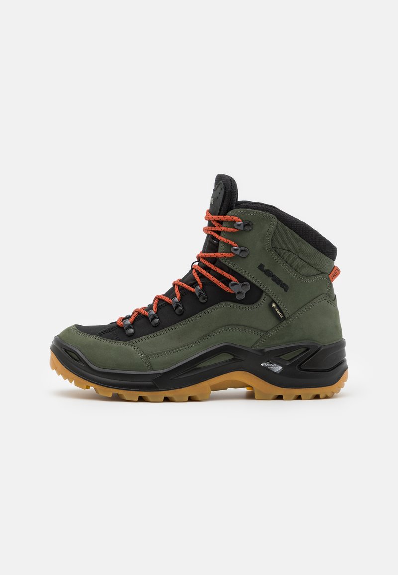 Wanderschuhe in Dunkelgrün und Schwarz mit orangenen Schnürsenkeln, Gummisohle und gepolstertem Schaft. Hergestellt aus Wildleder und synthetischen Materialien.