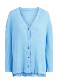 Ljusblå cardigan med ribbat mönster, med V-ringning, sex knappar fram och en fransig nederkant. Lös och avslappnad passform.