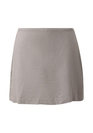 Jasnoszara lniana spódnica do kolan z prostym dołem i prostym wzorem, prezentowana na białym tle.