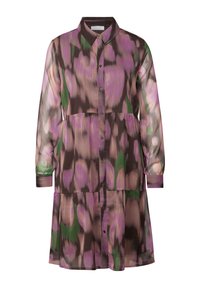 Lungo vestito a bottoni in tessuto trasparente. Presenta un motivo floreale sfocato in rosa, verde e marrone. Include polsini e un design a strati.
