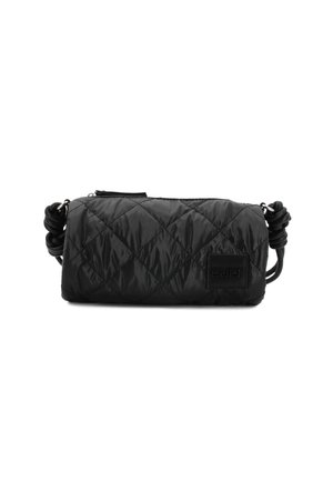 Borsa a spalla nera trapuntata di forma rettangolare, con chiusura a zip, tessuto testurizzato e cordini laterali per la regolazione.
