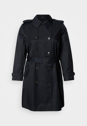 Tamsiai mėlynas tranšėjos paltas iš lygaus audinio, dvispalvis dizainas su didelėmis sagomis, juosmens diržas ir peties epoletais.