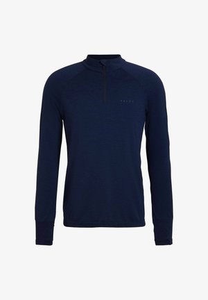 Donkerblauwe pullover met lange mouwen, een kwartrits en een col met een subtiel "FALKE"-logo op de borst.