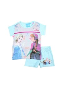 Ensemble de pyjama sur le thème de Frozen comprenant un t-shirt à manches courtes bleu clair avec des imprimés de personnages et un short assorti, fabriqué en coton doux.