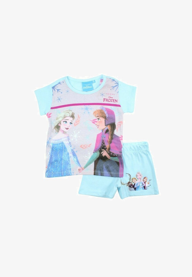 Ensemble de pyjama sur le thème de Frozen comprenant un t-shirt à manches courtes bleu clair avec des imprimés de personnages et un short assorti, fabriqué en coton doux.