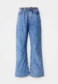 Light blue denim wide-leg pants with an elastic waistband and drawstring. Features double-stitched seams and raw hem. No pockets visible.