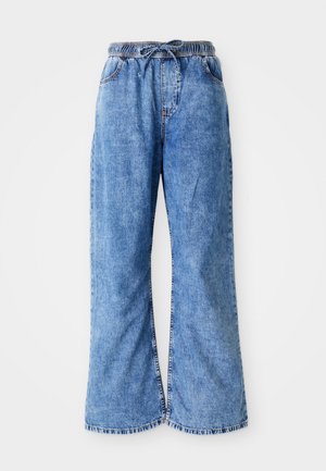 Lichtblauwe denim wijde broek met een elastische tailleband en een koord. Bevat dubbeldikte naden en een ruwe zoom. Geen zichtbare zakken.
