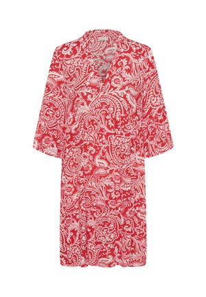 Red knee-length dress with white intricate floral paisley pattern and three-quarter sleeves with a V-neck collar.