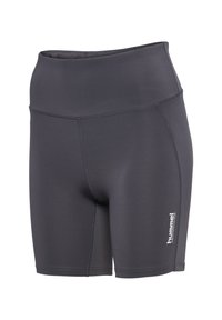 Grå atletiska shorts gjorda av ett mjukt, stretchigt material. Har en bred midja och en liten vit logotyp på sidan.