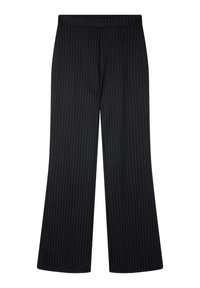 Czarne spodnie szerokie w nogawkach z wzorem w prążki. Posiadają płaski pasek w talii i miękką teksturę, odpowiednie do formalnych lub biznesowych stylizacji.