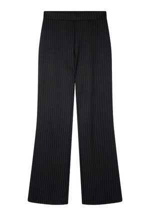 Pantaloni neri a gamba larga con un motivo a righe sottili. Presentano una vita piatta e una texture morbida, adatti per abbigliamento formale o da lavoro.