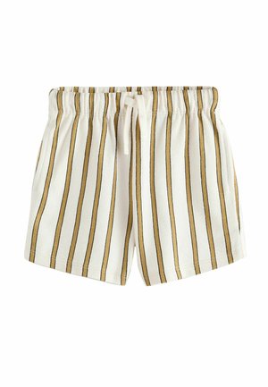 Weiße Shorts mit vertikalen braunen und schwarzen Streifen, elastischem Bund und vorderseitiger Kordel zum Binden.