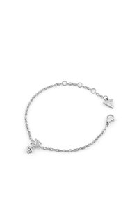Bracciale a catena in argento con pendente a forma di cuore e ciondolo quadrato con cristalli trasparenti, rifinito con chiusura a moschettone e targhetta con marchio.