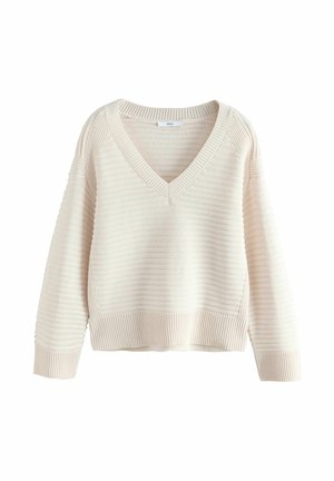 Helle beige gestrickte Sweatshirt mit V-Ausschnitt, gerippten Bündchen und Saum. Verfügt über ein strukturiertes Streifenmuster und einen lässigen, cropped Schnitt.