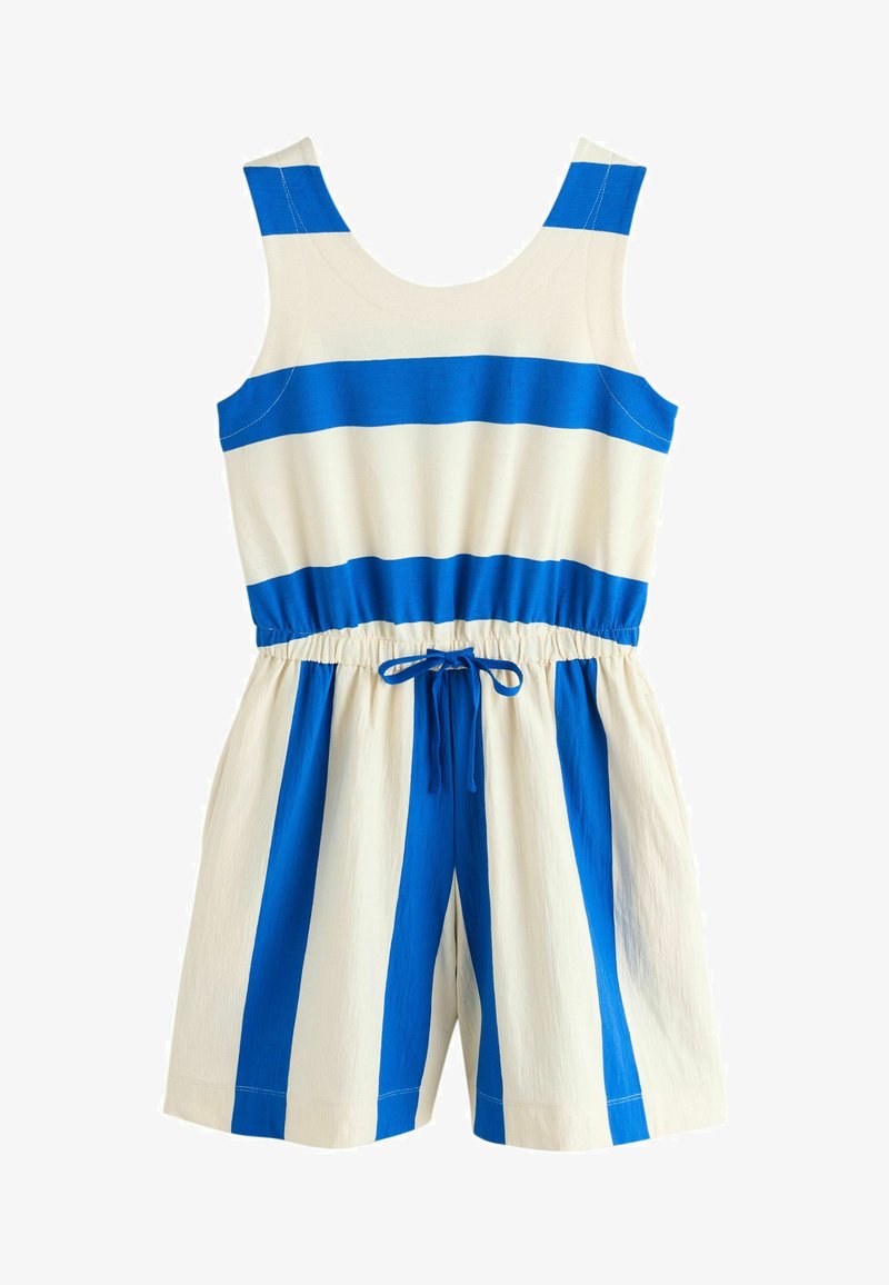 Combinaison sans manches avec de larges rayures horizontales bleues et blanches sur le haut, des rayures verticales sur le short, et une taille à cordon bleu.