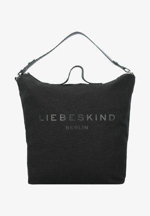 Czarna torba materiałowa z pojedynczym uchwytem na górze i logo "Liebeskind Berlin" wydrukowanym na centrum przodu.