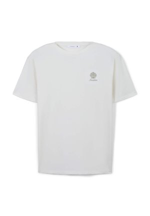 T-shirt in cotone bianco con logo a conchiglia verde nella zona sinistra del petto, collo rotondo e maniche corte con vestibilità rilassata.